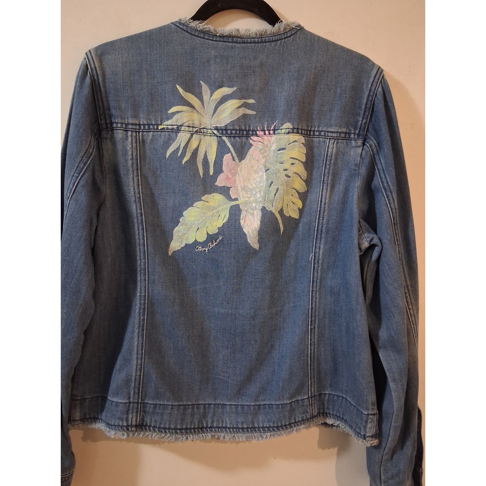 Tommy Bahama Womens Medium Wash Denim Jacket Tropical Floral Back Frayed M - Picture 7 of 13